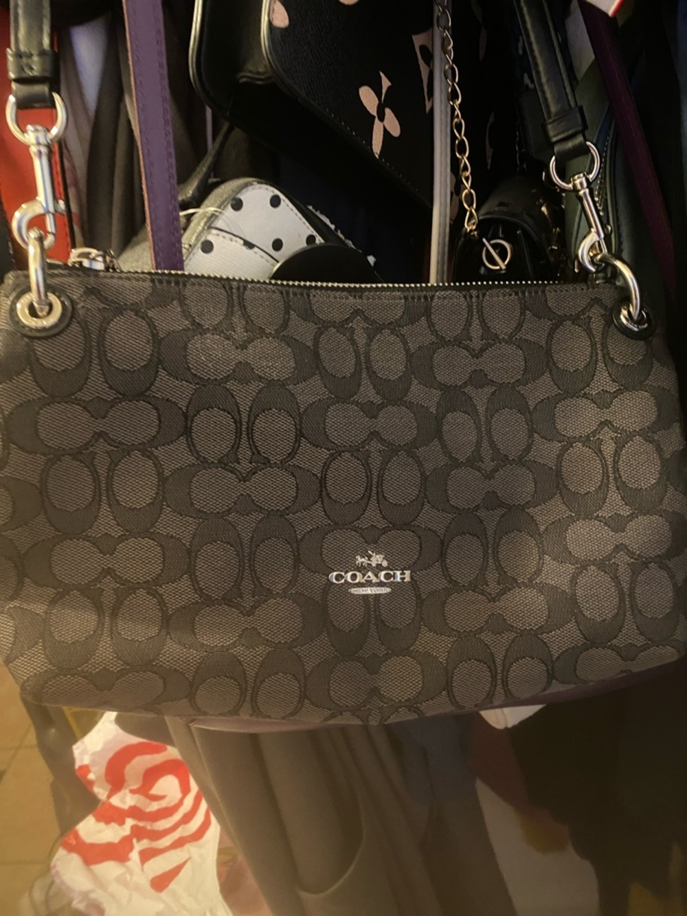 Coach Black Signature Canvas Shoulder Bag with Silver Logo